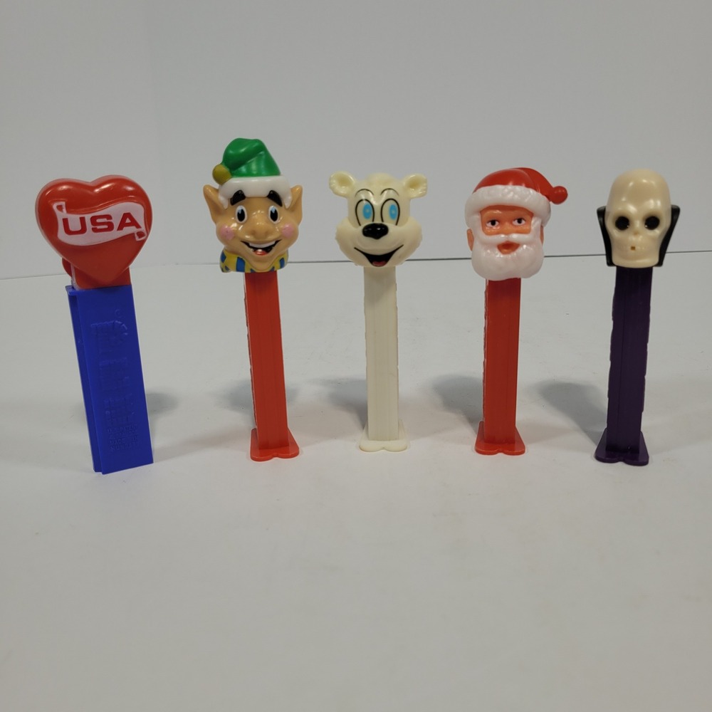 Vintage Pez Dispenser Lot of 5 Santa Elf Skull Polar Bear USA Heart